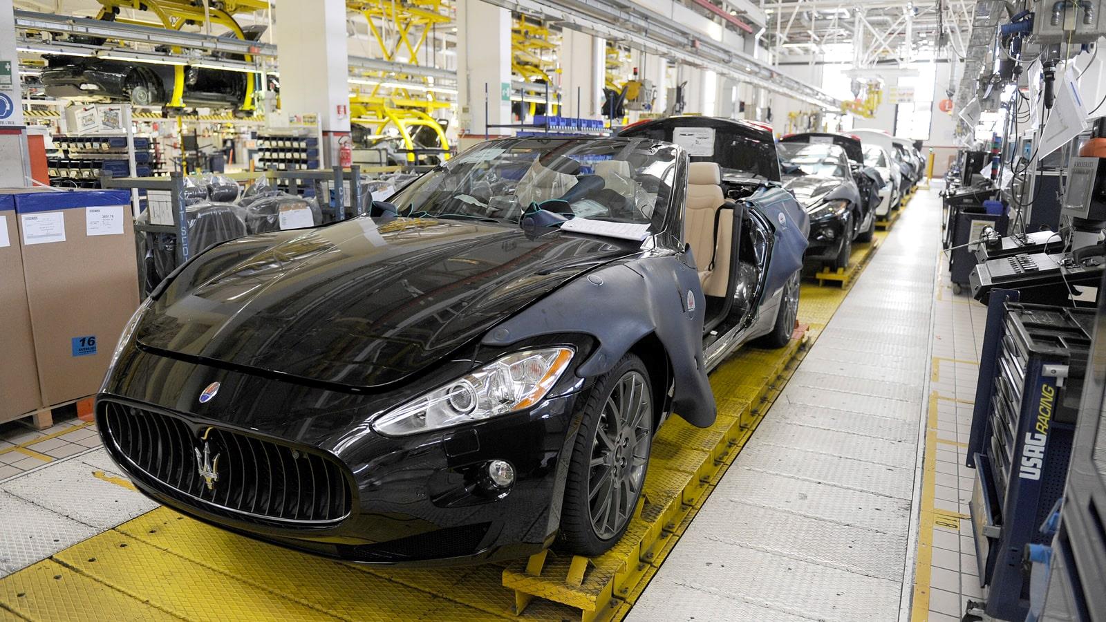 Maserati production with sports car on assembeling line